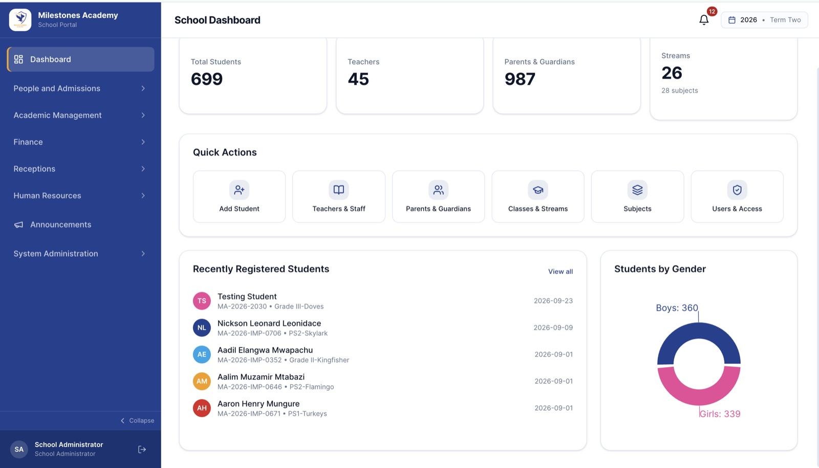 Milestones School Portal screenshot
